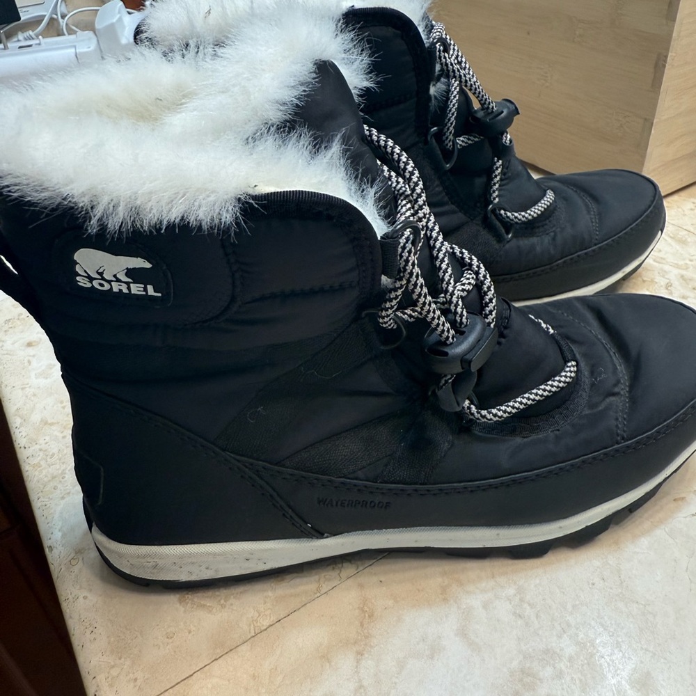 Sorel Black and White Winter Rain Boots with Faux Fur Lining